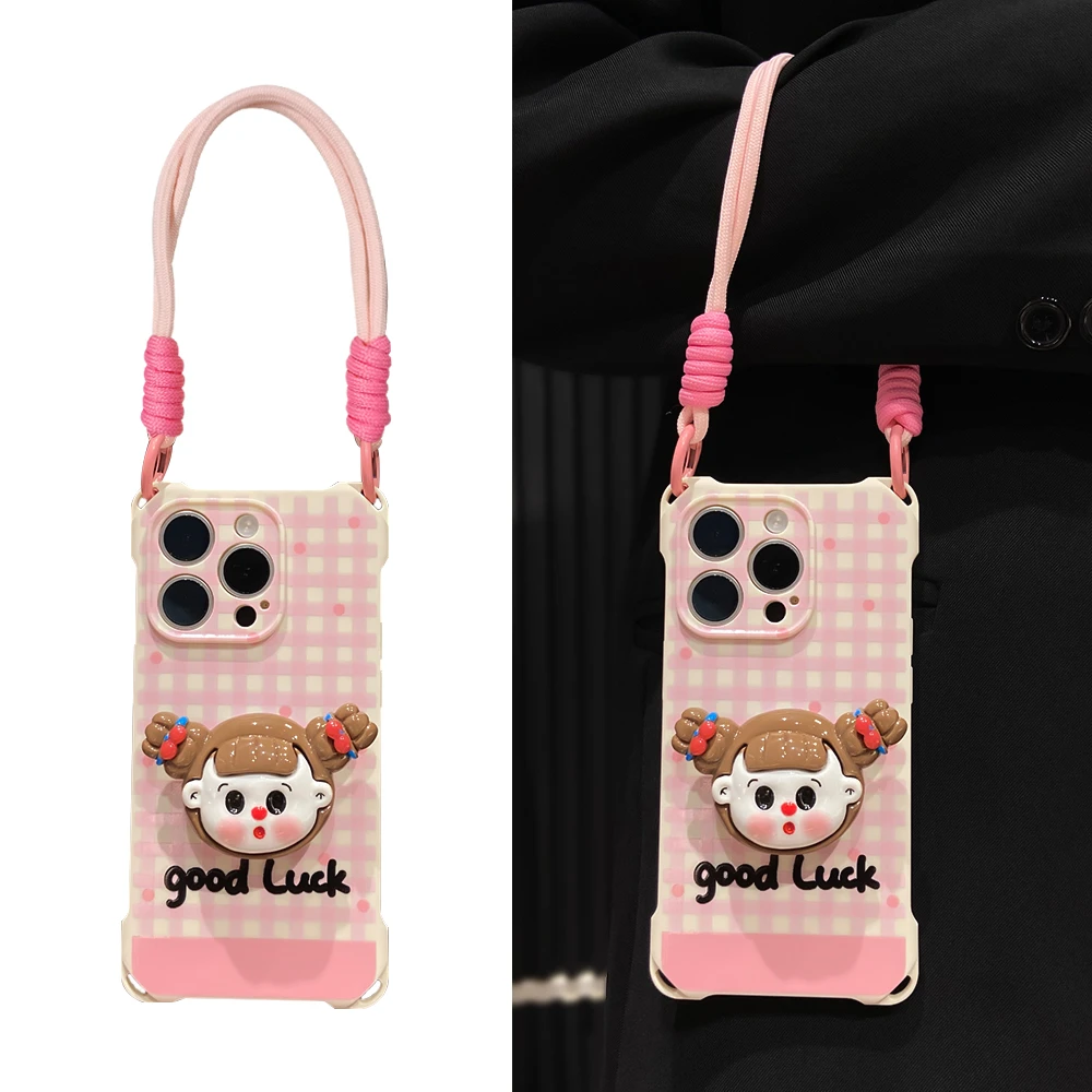 粉色格纹立体娃娃适用于苹果15promax手机壳四角挂绳iPhone13