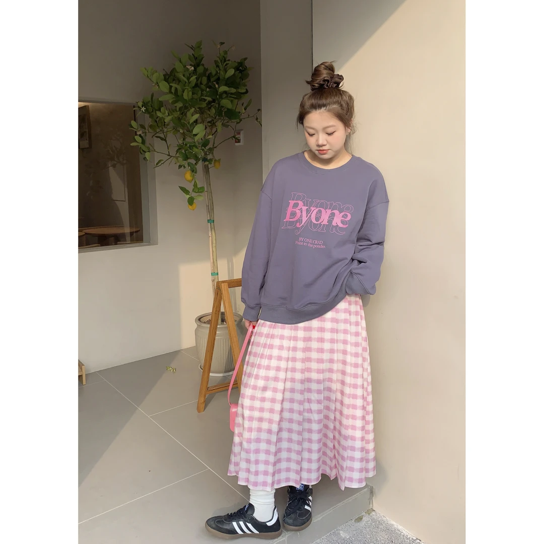 大码女装a字格子高腰百褶半身裙设计感小众小个子粉红中长裙1287