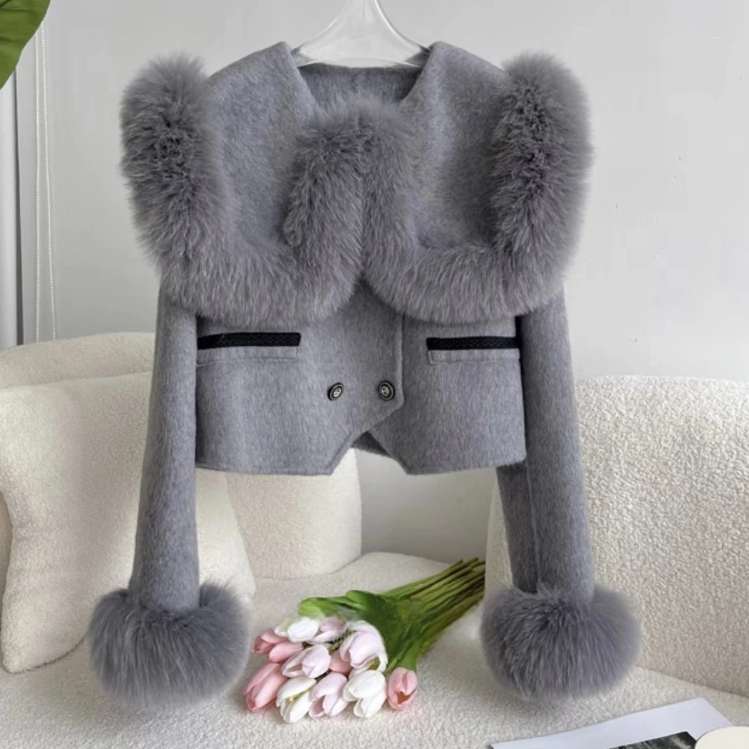 【FANGFANG】M451大翻领短款狐狸毛皮草外套双面呢羊绒羊毛大衣女