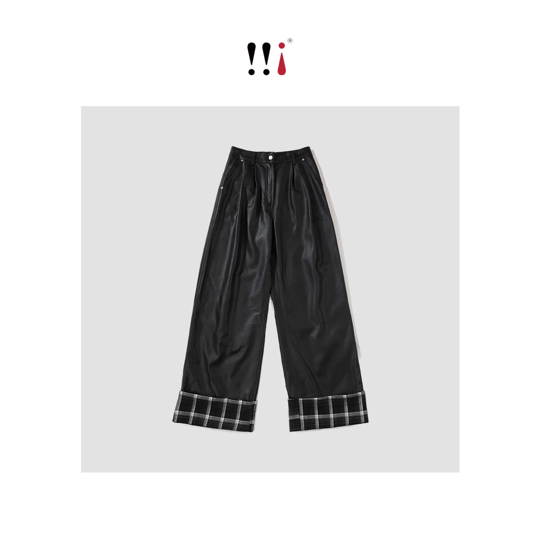 【心心家】2024秋冬 新款简约黑色翻褶格纹垂感皮裤 1678