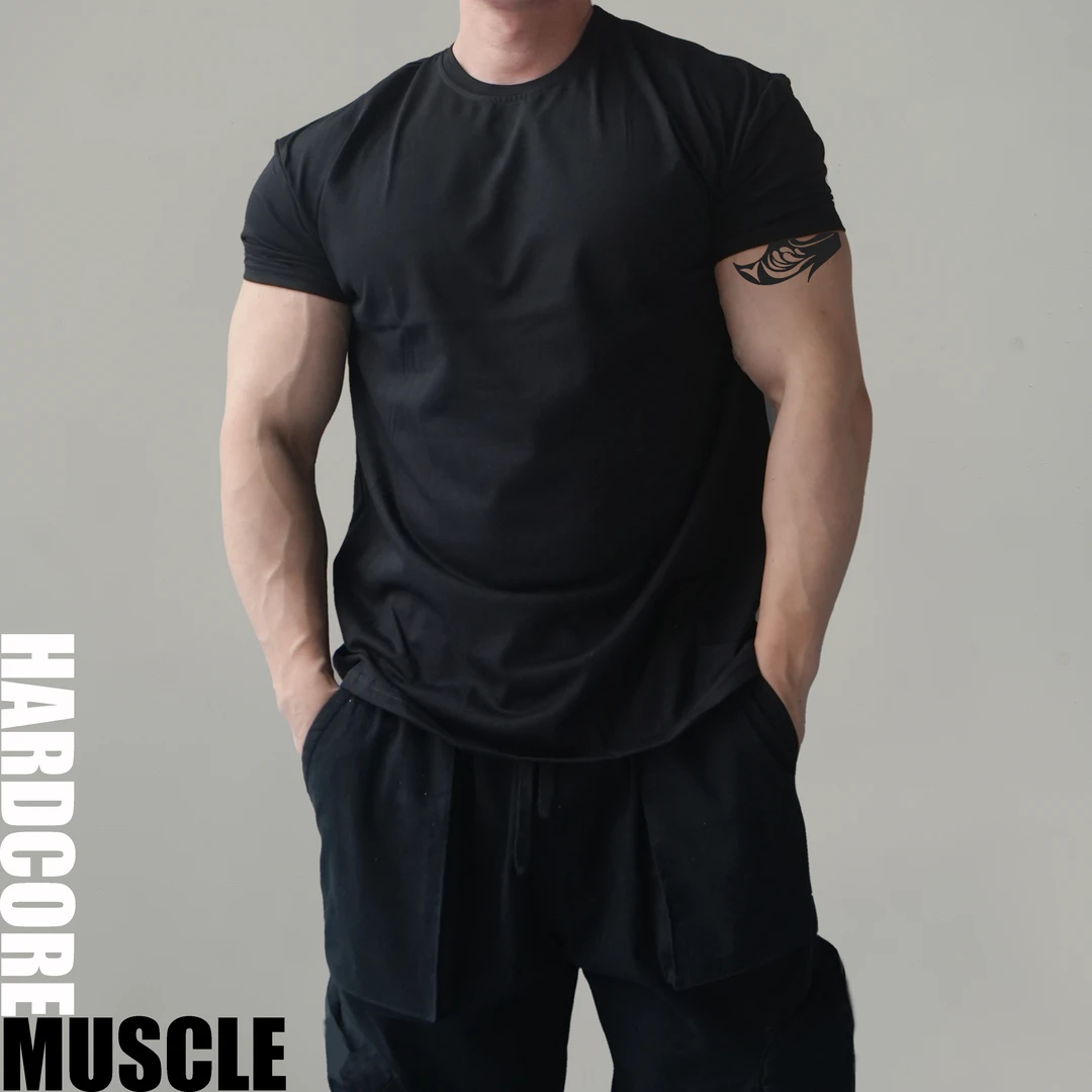HARDCOREMUSCLE春夏新款百搭版型纯色休闲T恤宽松男士健身圆领T恤