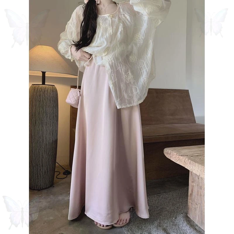 显瘦大码胖醋酸缎面裙子垂感半身裙高腰夏季新款大摆裙字长裙