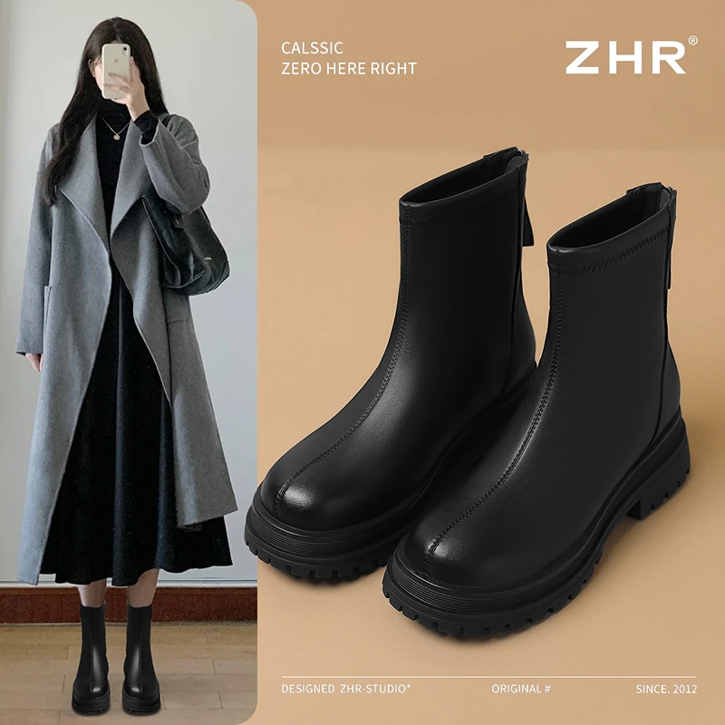ZHR则则气质厚底加绒保暖复古短靴靴子女2024新款百搭女靴瘦瘦靴