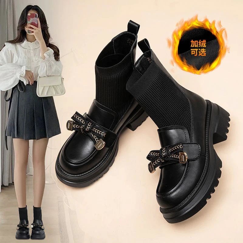 ZHR简约乐福袜靴女2024新款弹力瘦瘦靴厚底增高英伦风流行小短靴