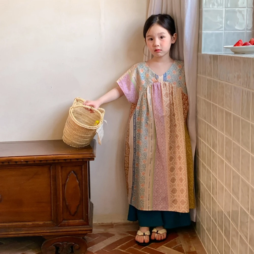 鲍小鱼2025夏季新款韩国ins女儿童民族风文艺短袖拼接碎花连衣裙