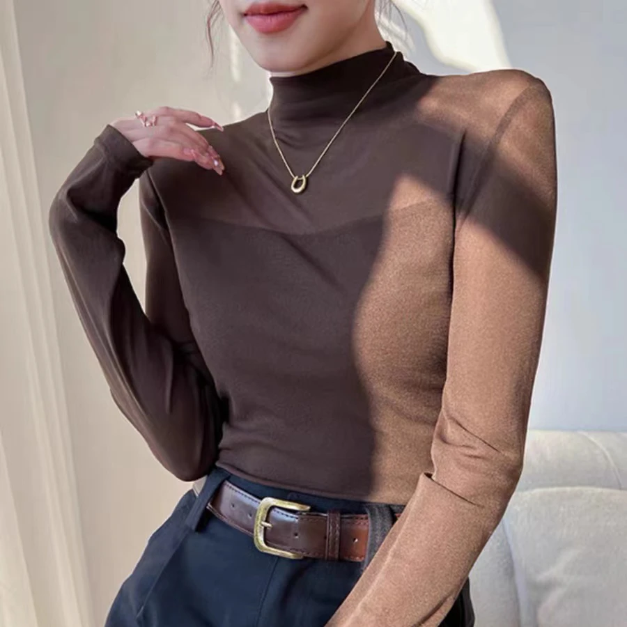 只发新疆女士网纱半高领打底衫秋季新款24207