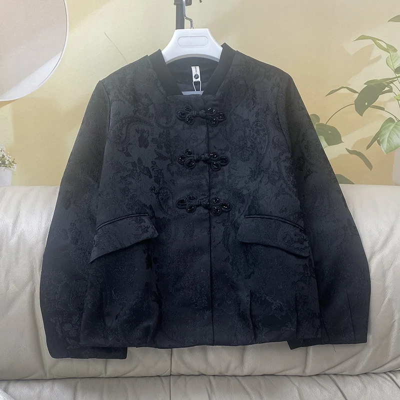 女士国风盘扣提花外套立领复古重工春季新款新中式对襟上衣  2409