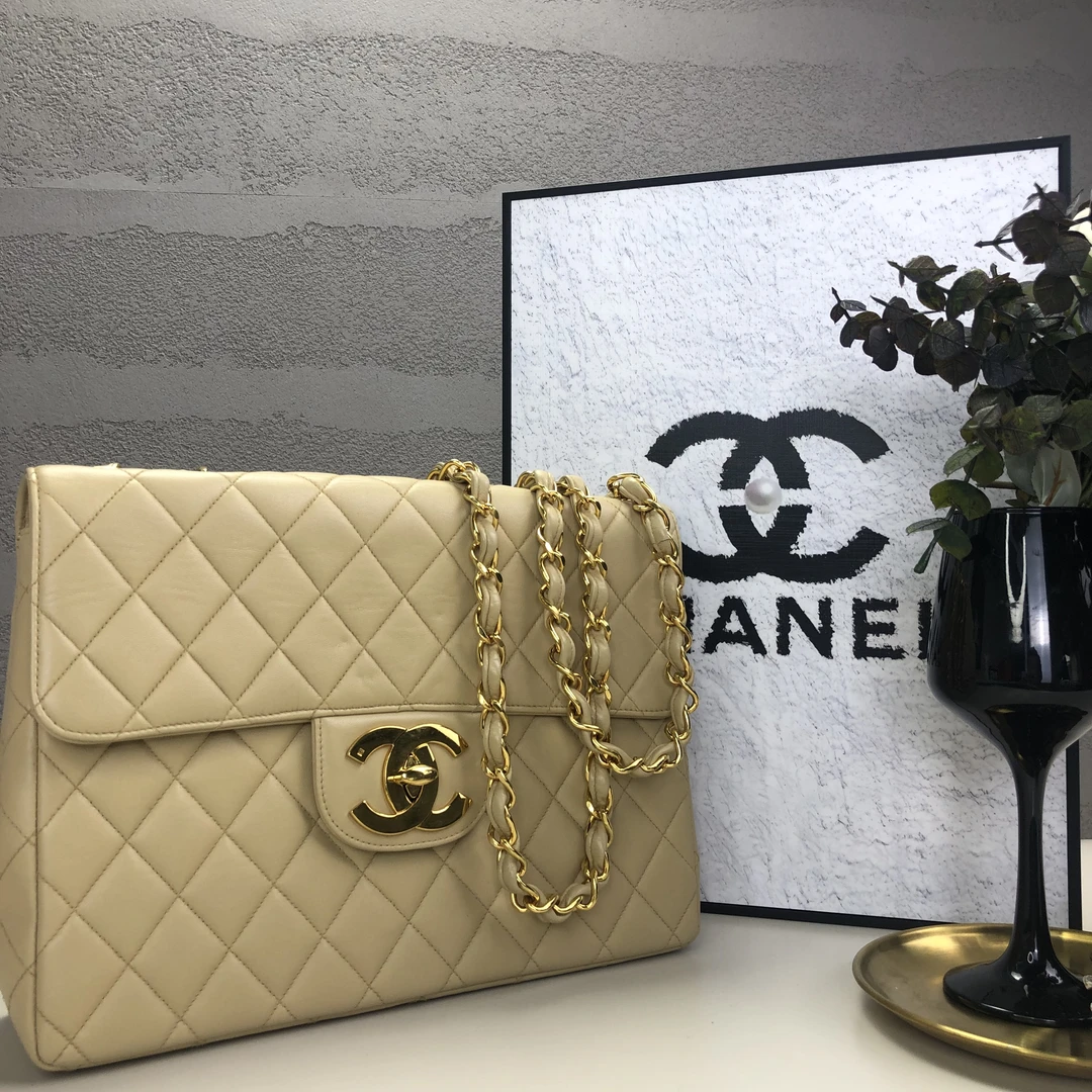 95新 Chanel/香奈儿 卡其色菱格大金扣30贝嫂单肩包 4开底长30