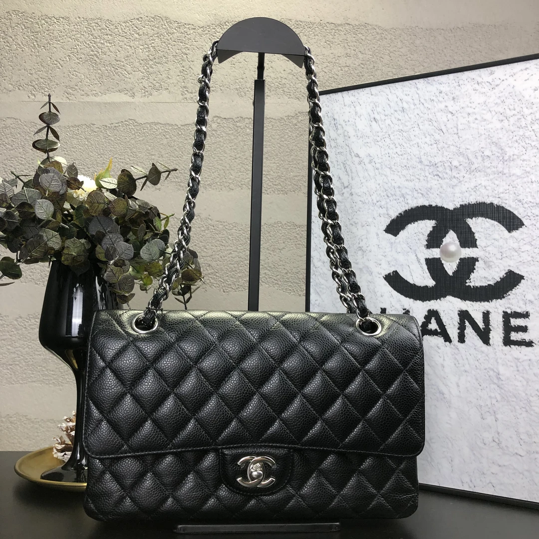95新 Chanel/香奈儿 黑银荔枝牛中号cf单肩斜挎包19开带卡尘底15