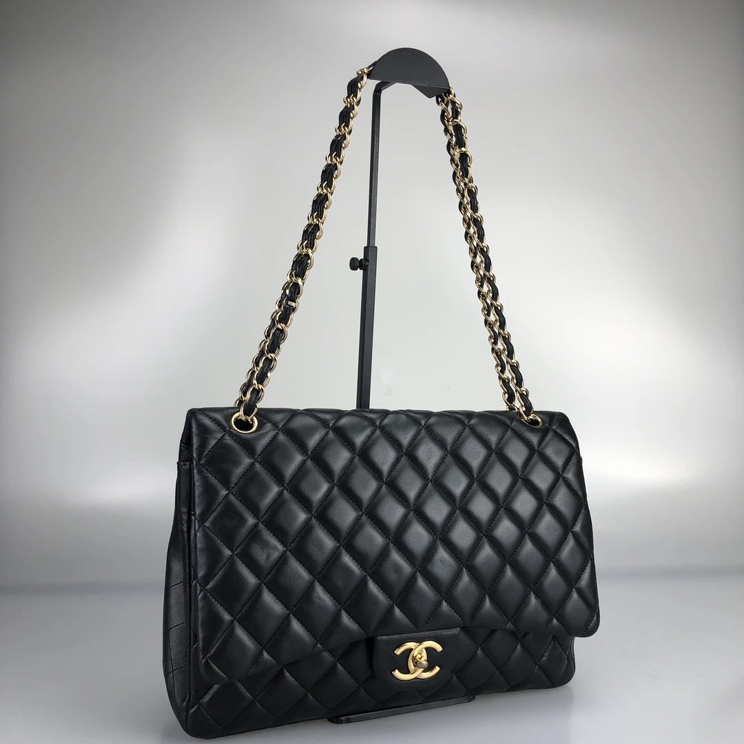 95新 Chanel/香奈儿 黑金菱格CF Maxi单肩斜挎包 15开带卡 底长33