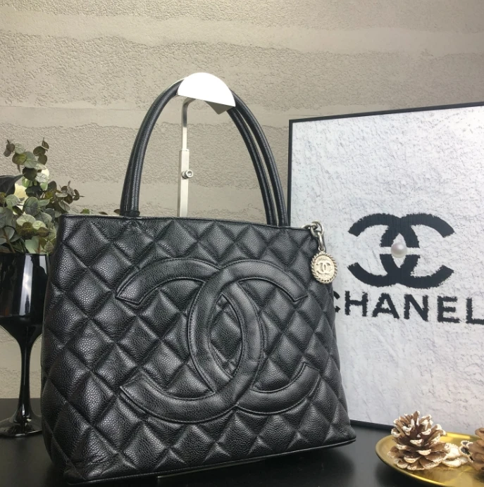 95新 Chanel/香奈儿 黑银鱼子酱希尔顿单肩包 5开底长30