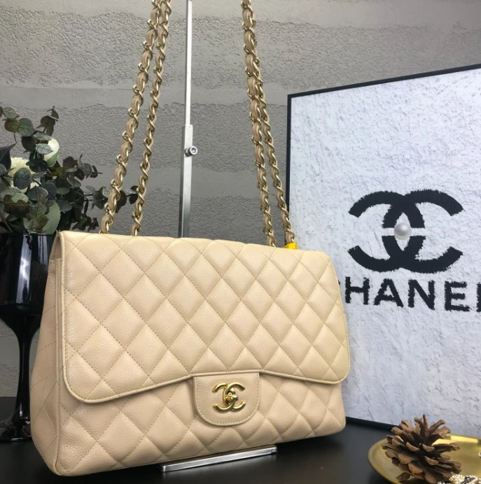 95新 Chanel/香奈儿 奶茶色荔枝纹CF jumbo 单肩斜挎包13开底长30
