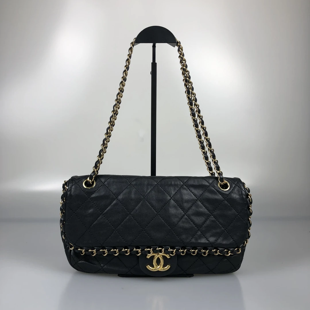95新 Chanel/香奈儿 黑金季节款包盖滚边cf斜挎包 17开 底长30