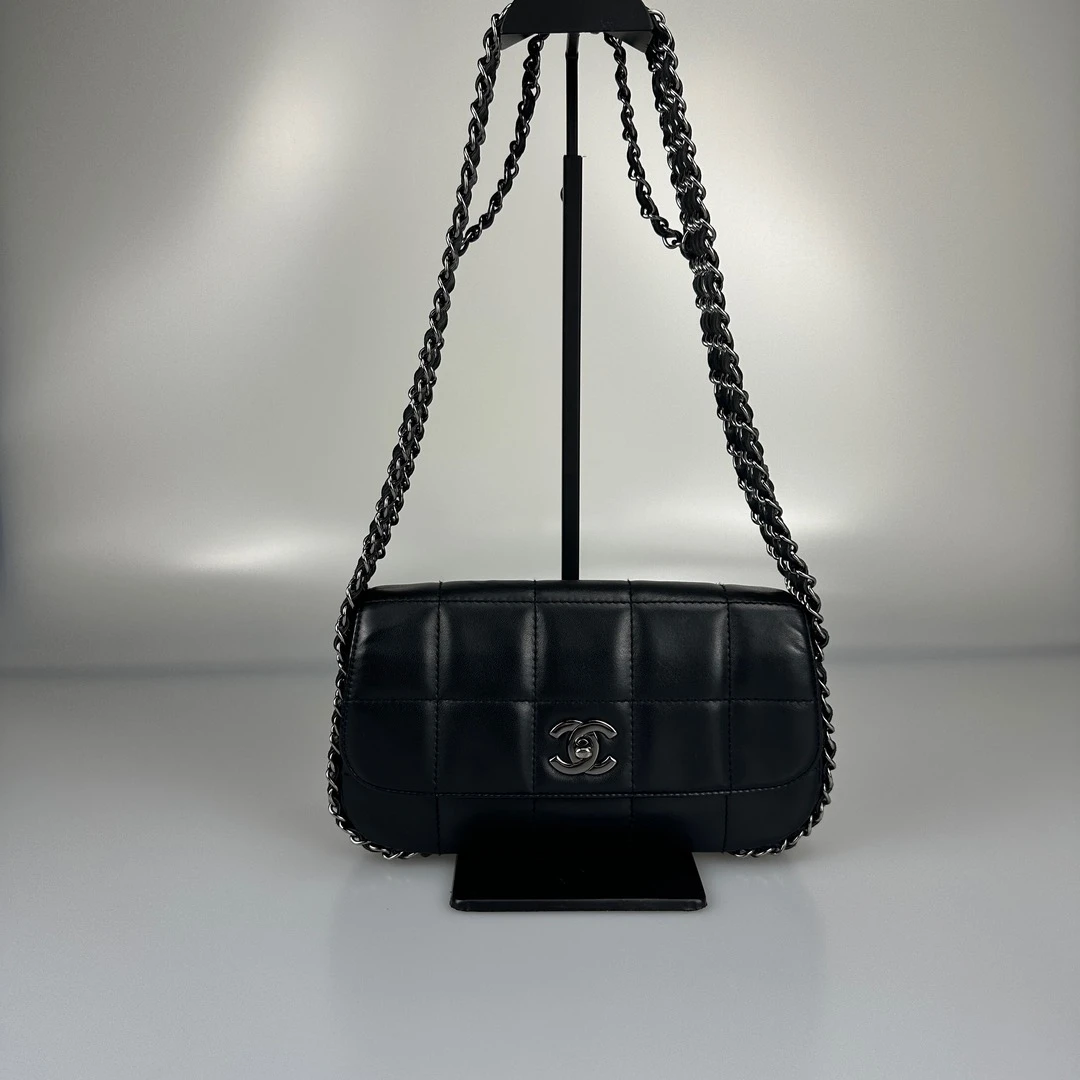 95新 Chanel/香奈儿 黑银五链冰格单肩包  8开带卡  底长26