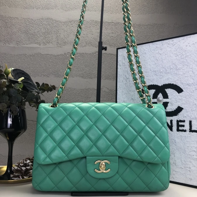 95新 Chanel/香奈儿 薄荷绿配金CF Jumbo链条斜挎单肩包 17开底30