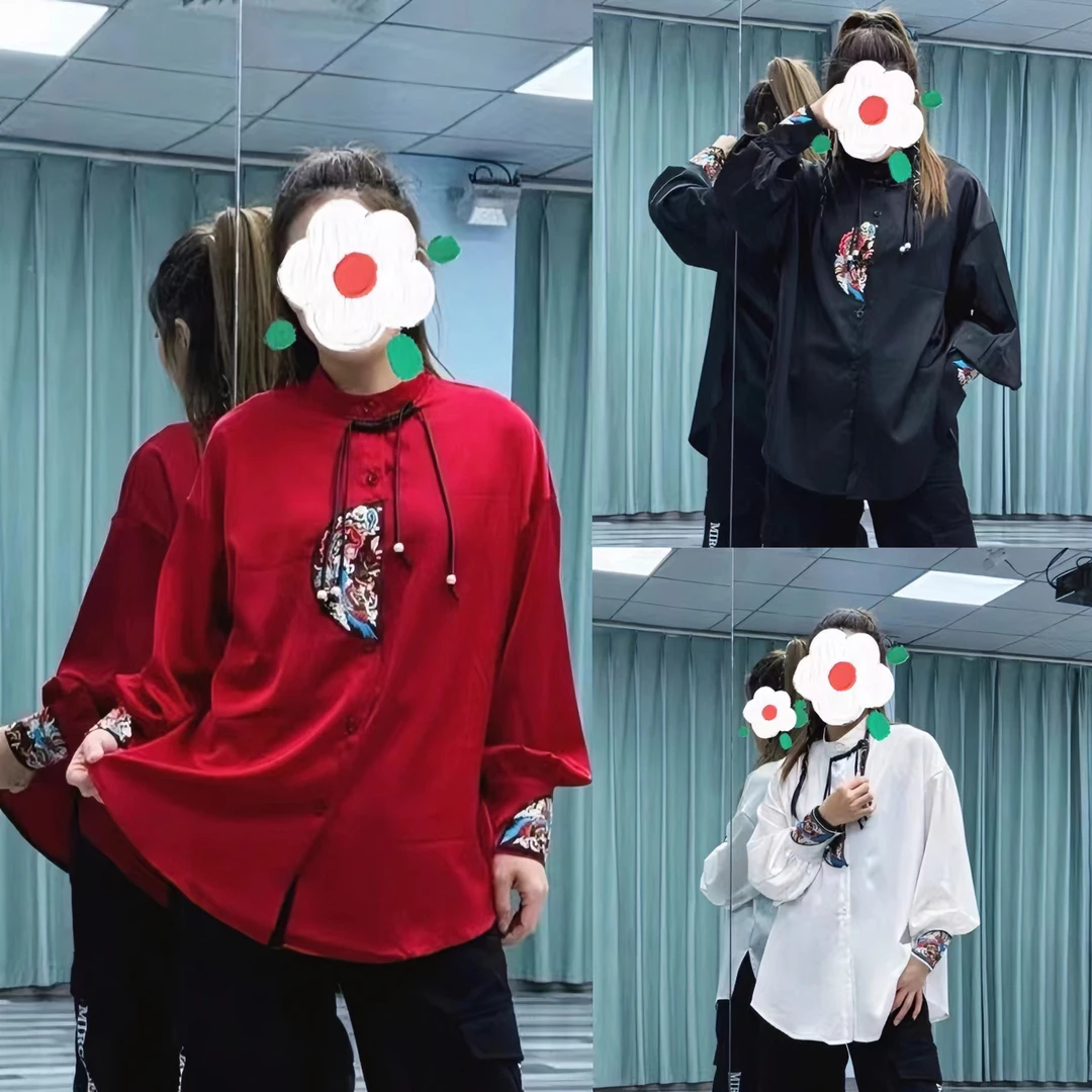 082刺绣工艺中国风长袖 醋酸缎面料复古 百搭宽松民族风气质衬衫