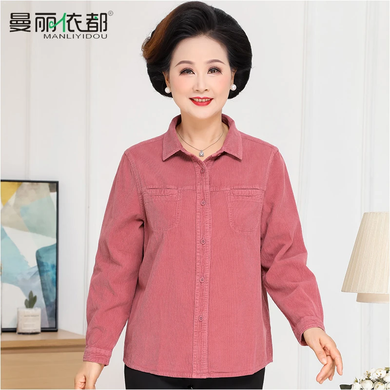 中老年女装妈妈装长袖衬衫灯芯绒纯棉开衫上衣老人衣服纯色外套