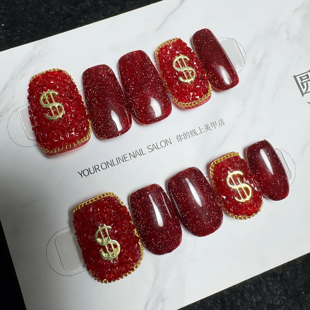 圆熙原创纯手工穿戴甲香槟色气质美甲奢华微钻超细链条指甲饰品