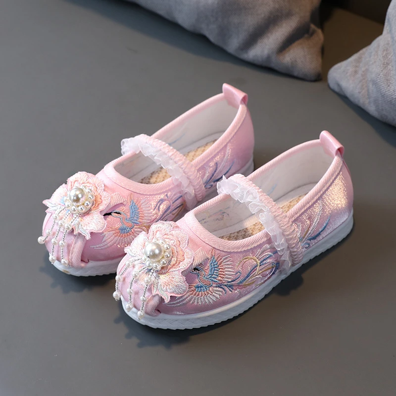 女童汉服鞋子春秋老北京软底布鞋古风古装鞋儿童绣花鞋宝宝公主鞋