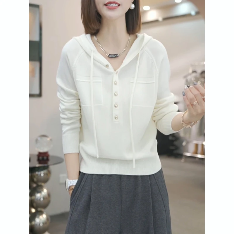 NUMEN BUTTON/灵扣奶白色连帽半开领长袖针织衫女秋季帽衫上衣