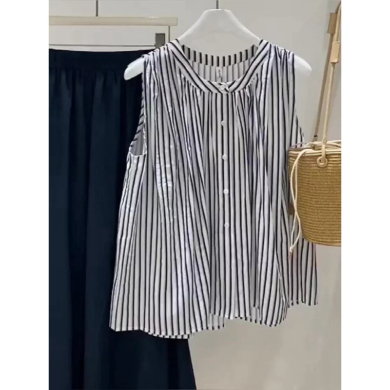 复古百搭文艺风黑白竖条纹无袖衬衫背心女新款夏季衬衣度假风上衣