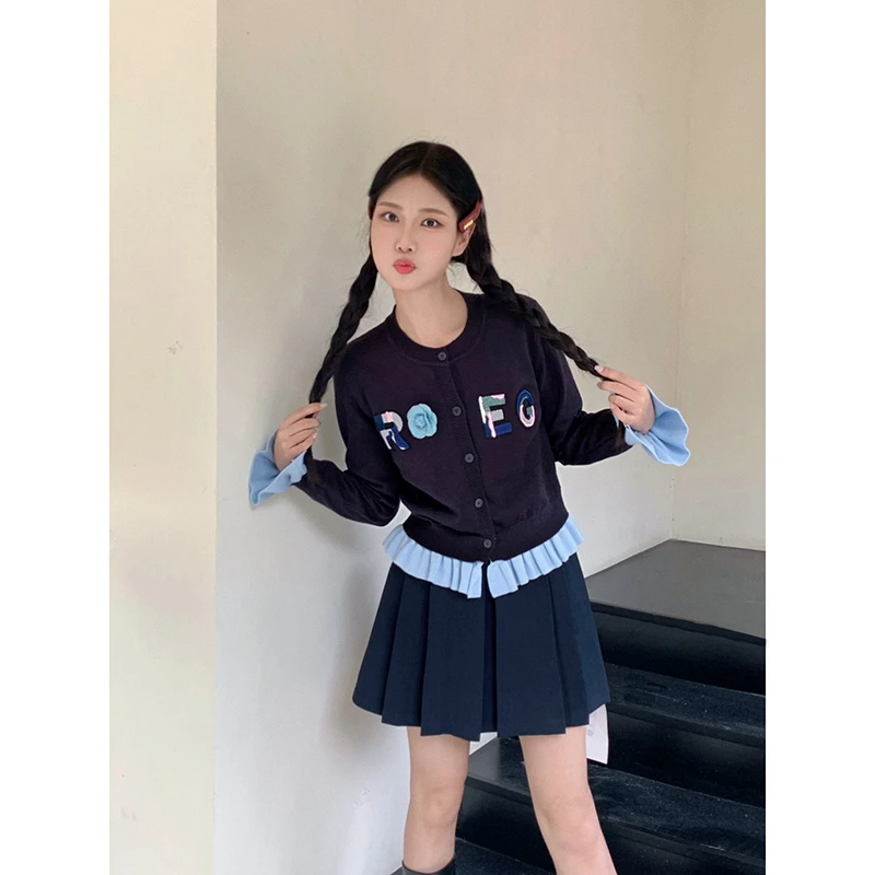 NUMEN BUTTON/灵扣校园复古假两件拼接软糯毛衣女2024年秋冬新款