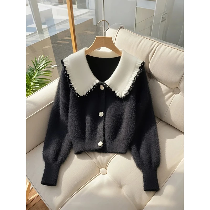 法式黑色毛衣外套慵懒高级感2024秋季新款女装针织开衫上衣时尚