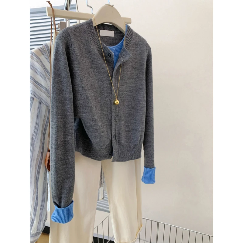 NUMEN BUTTON/灵扣灰色假两件开衫外套女2024早秋高级感针织上衣