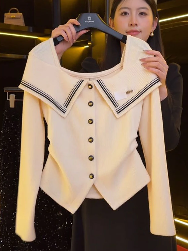 法式海军领针织衫女2024初秋新款设计感小众修身显瘦内搭打底上衣