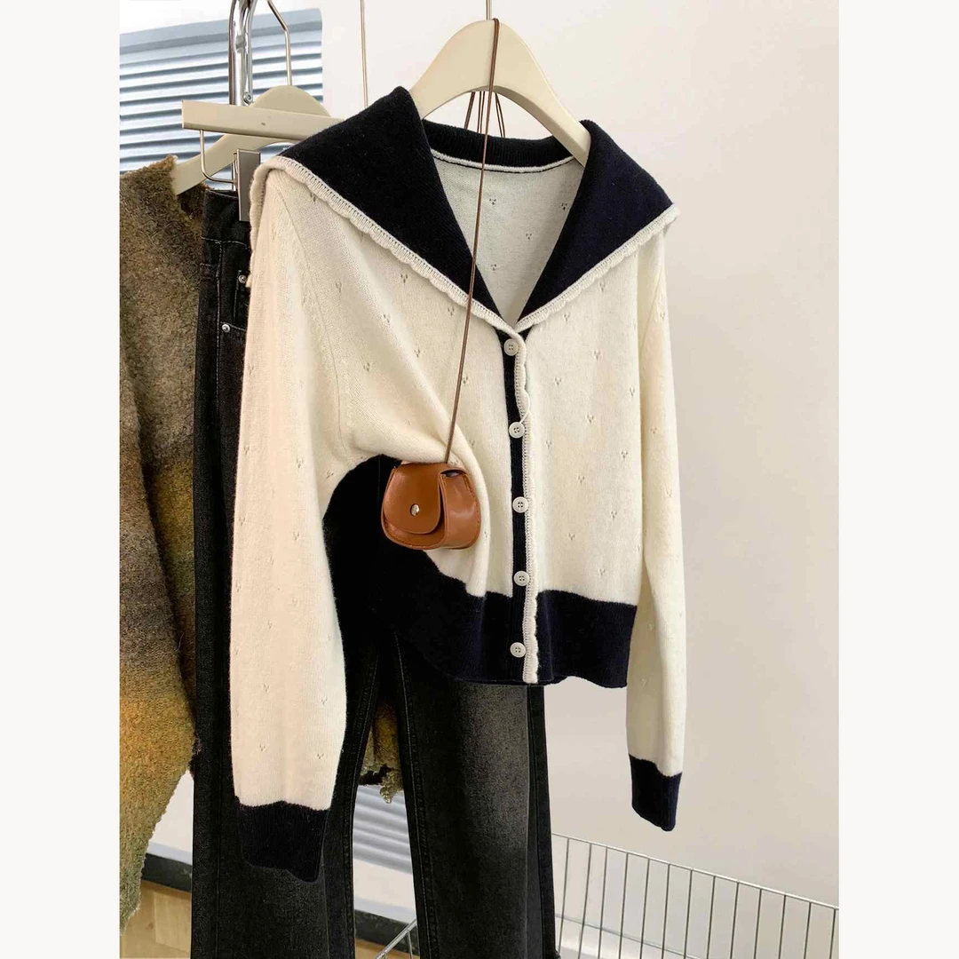 撞色海军领针织开衫女秋冬2024新款毛针织衫V领短款毛衣外套上衣