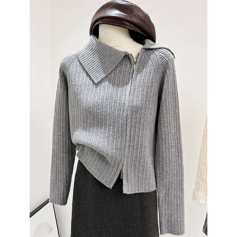 时尚不规则翻领双拉链毛衣女秋冬高级设计感超好看针织衫修身上衣