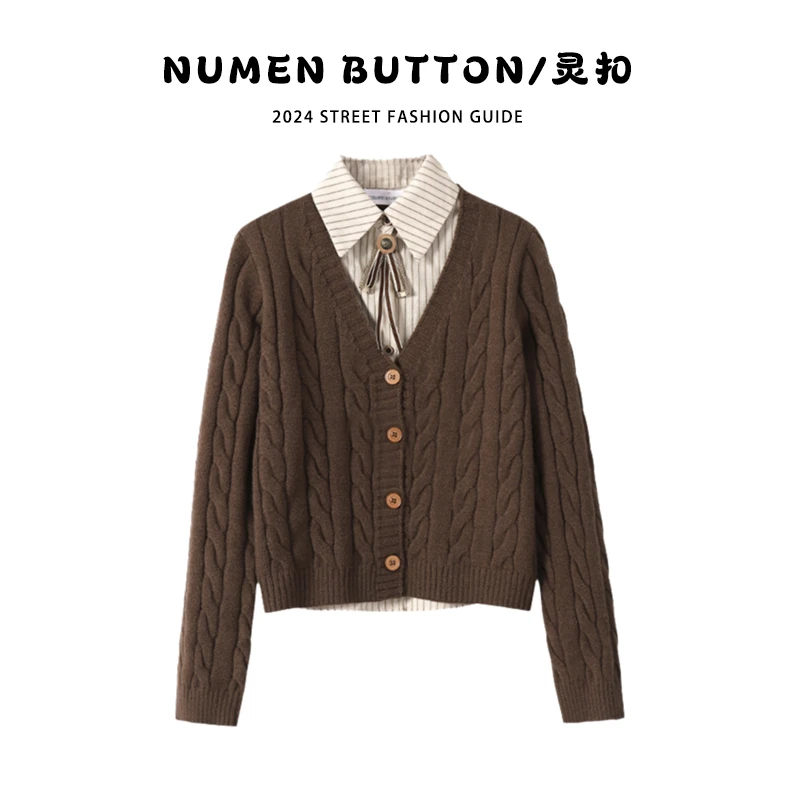 NUMEN BUTTON/灵扣假两件毛衣女2024秋冬新款洋气小众设计感时尚