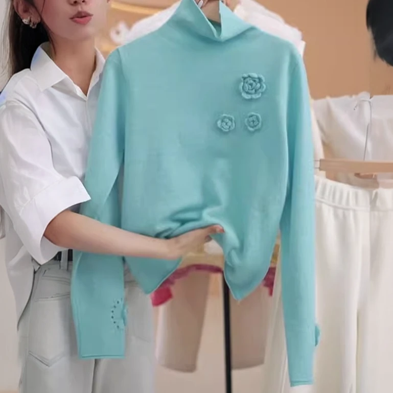 高端立体花朵针织衫女2024冬季半高领打底衫上衣洋气宽松百搭毛衣