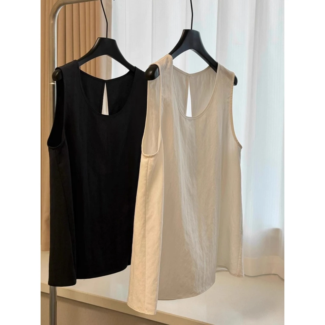 时髦镂空露背u领百搭无袖衬衫背心女韩系夏季高级感宽松别致上衣