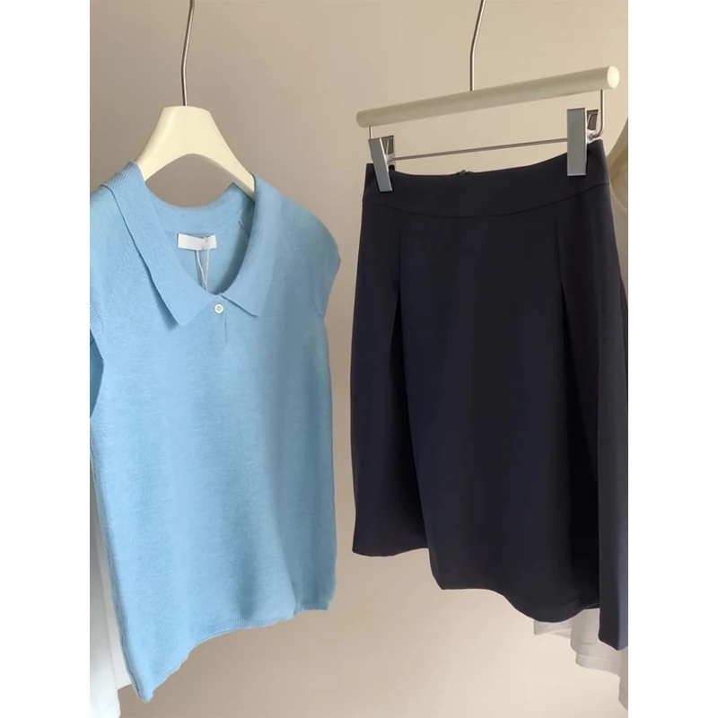 夏季针织别致短款Polo领小飞袖上衣薄法式蓝色短袖翻领t恤女