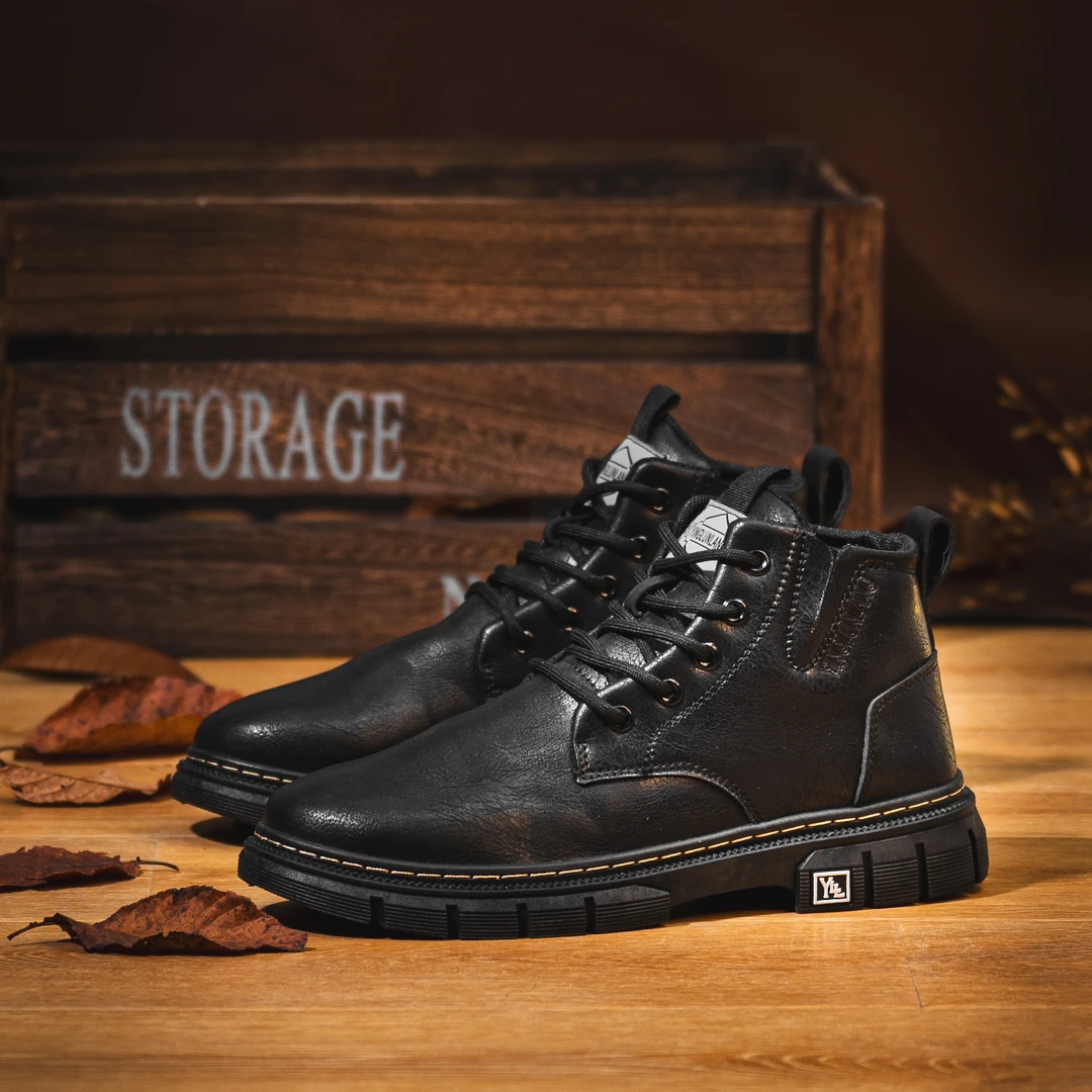 秋冬季男士马丁靴潮流百搭黑色短靴加绒加厚保暖棉靴高帮鞋男鞋子