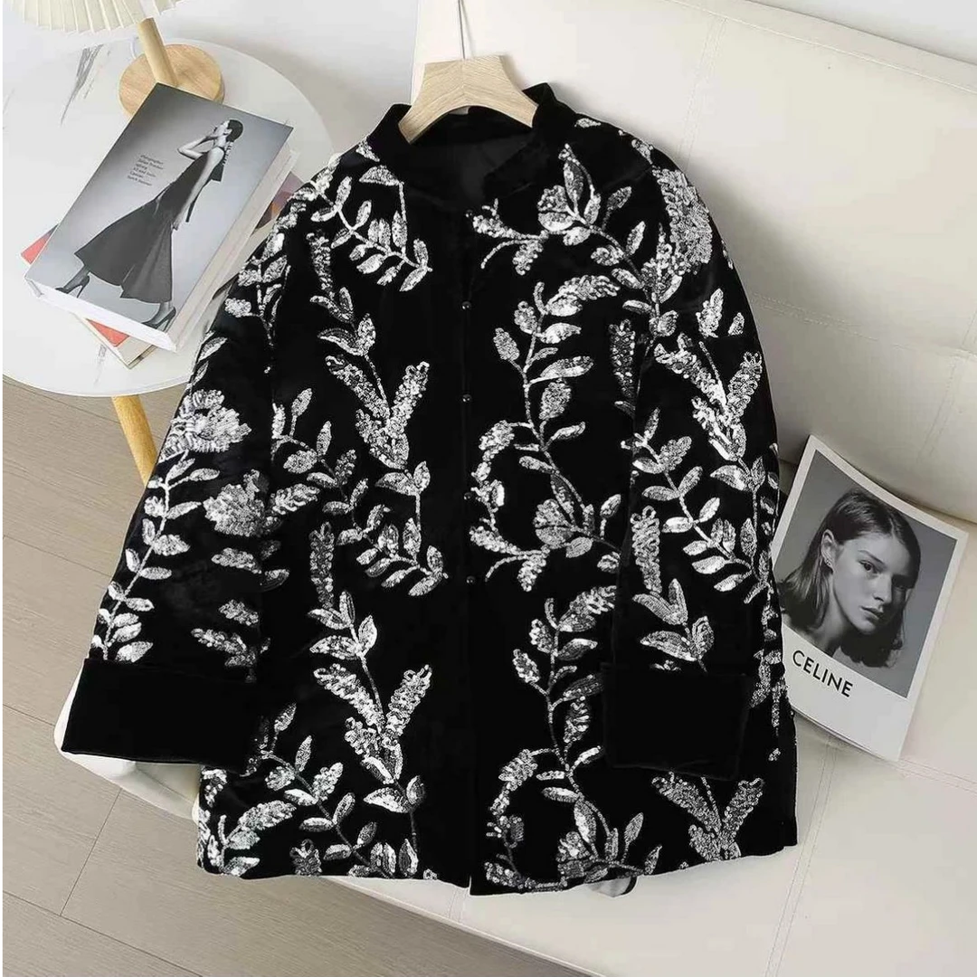 丝绒亮片刺绣中式立领加棉外套复古气质秋冬棉衣百搭长袖潮流