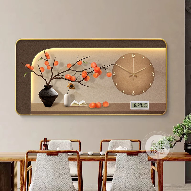 新中式餐厅装饰画柿柿如意钟表挂画中古风饭厅餐桌背景墙时钟壁画