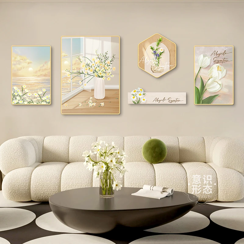 奶油风客厅装饰画清新北欧沙发背景墙挂画现代简约壁画创意组合画