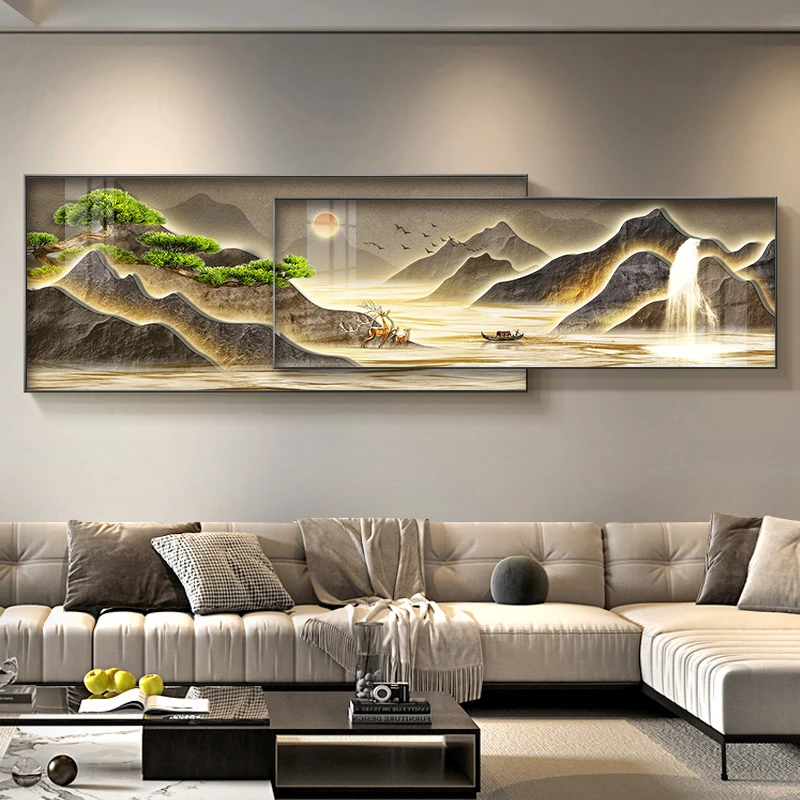 现代轻奢客厅装饰画2025新款高级感沙发背景墙挂画新房叠加山水画