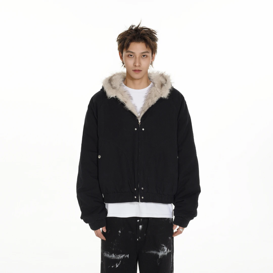 秋冬解构廓形座山雕毛领外套女短款连帽美式派克服冬季加厚棉服男