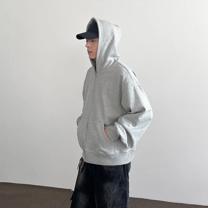 boxy版型外套男宽松秋冬纯色中性落肩连帽拉链轻抓绒廓形短款卫衣
