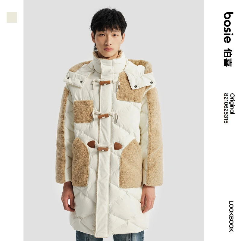 bosie冬季新款羽绒服情侣男拼接长款羽绒服时尚休闲外套连帽外穿