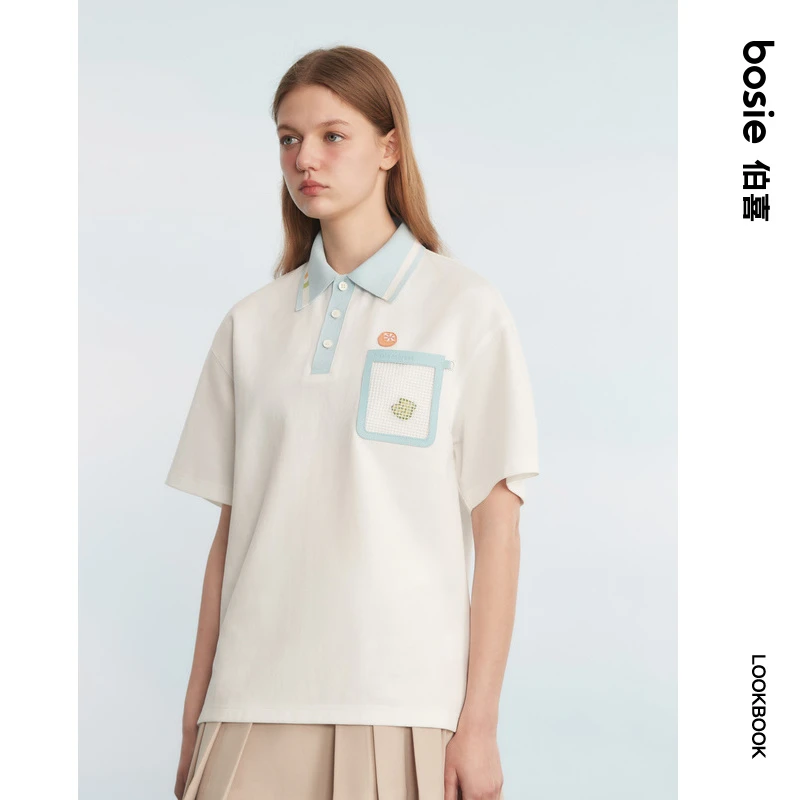 【商场同款】bosie24夏新款短袖polo衫情侣撞色领口宽松翻领短袖t恤