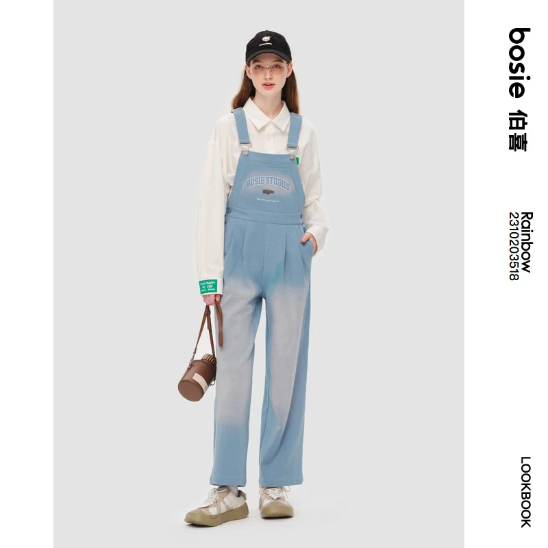 bosie春季新款背带裤男情侣水洗时尚复古学院风英文刺绣针织裤子