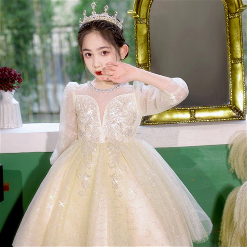 儿童公主裙长袖裙子女童秋季主持人表演服花童礼服生日演出服高端