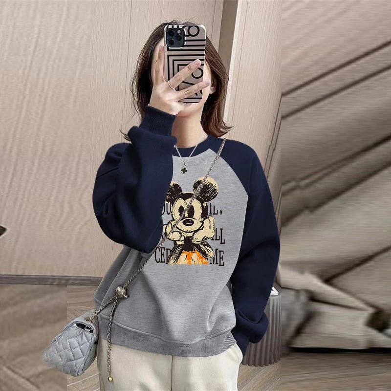 撞色插肩袖卫衣女秋冬加绒加厚2024新款宽松大码200斤慵懒风外套