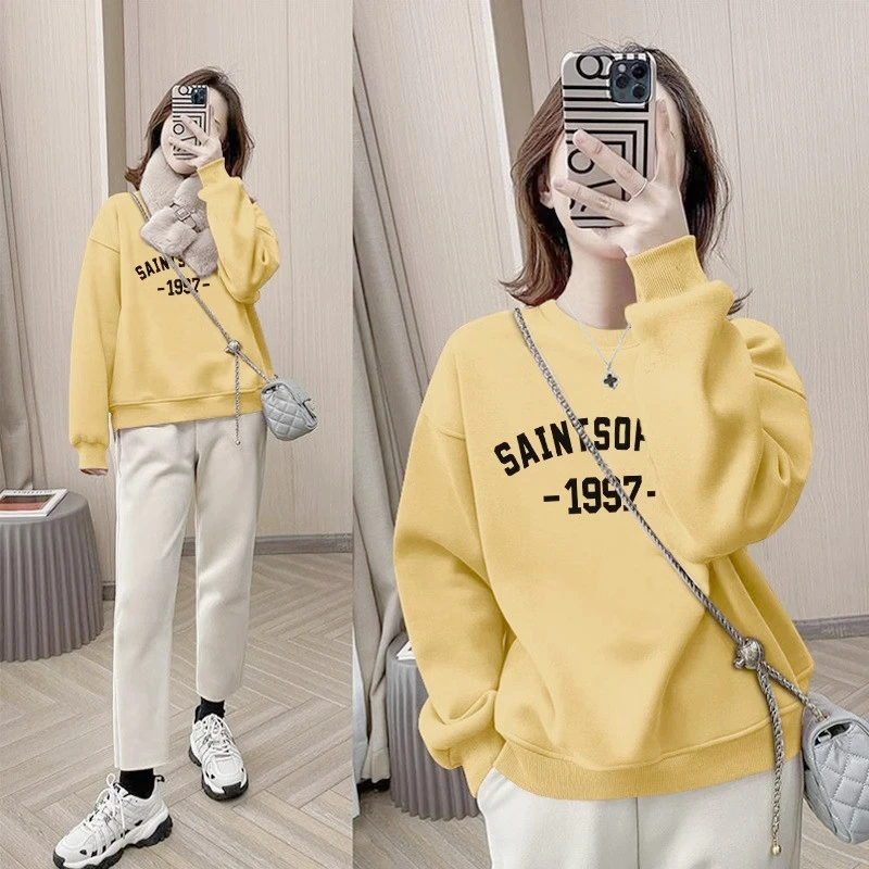 欧货字母印花卫衣女加绒加厚套头宽松韩版圆领长袖上衣2024年新款