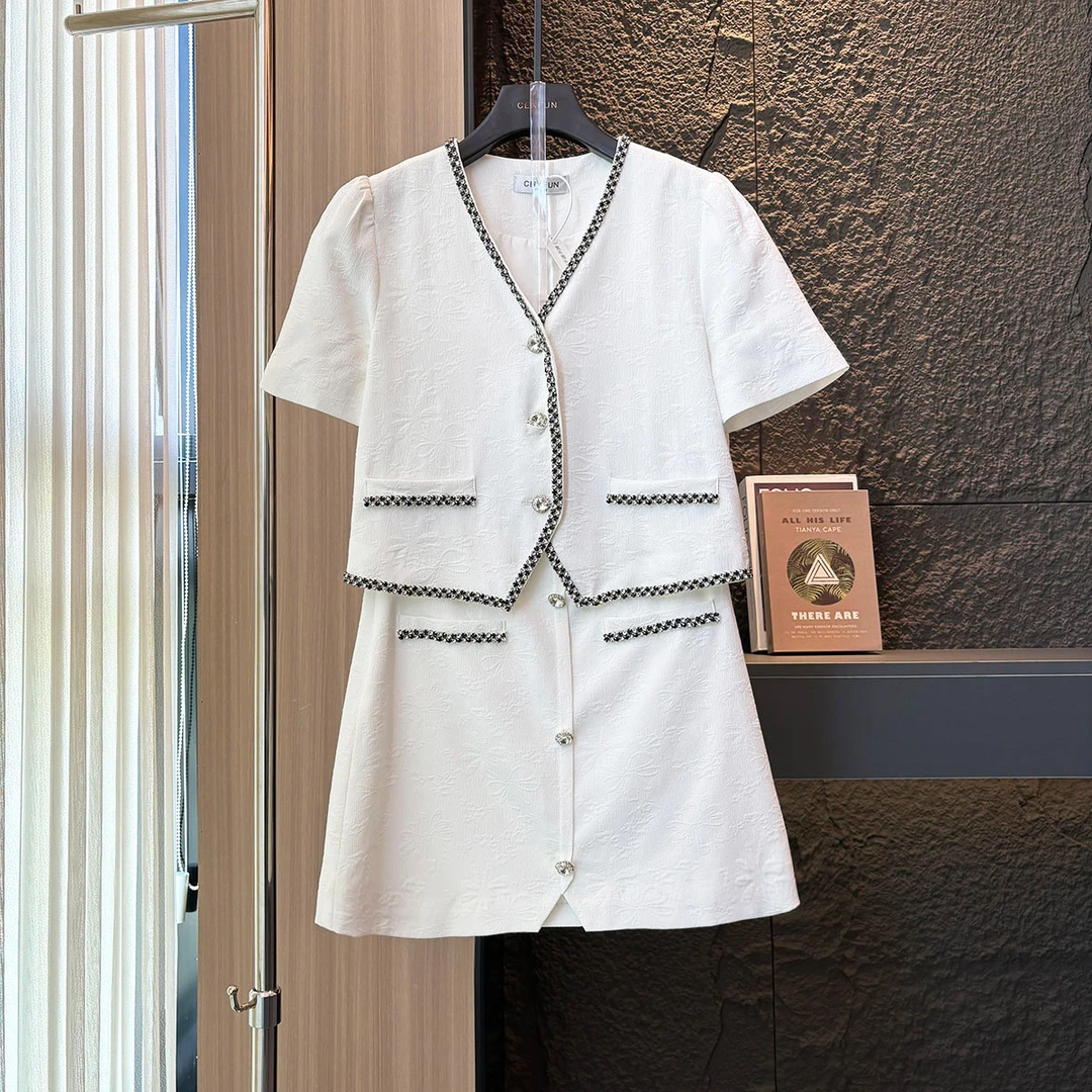 【CENFUN】91*短袖小香风气质白色时尚女士夏季收腰套装FC01107