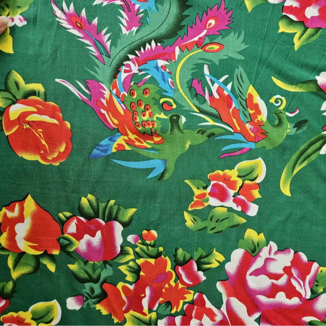 绿色凤穿牡丹东北大花面料